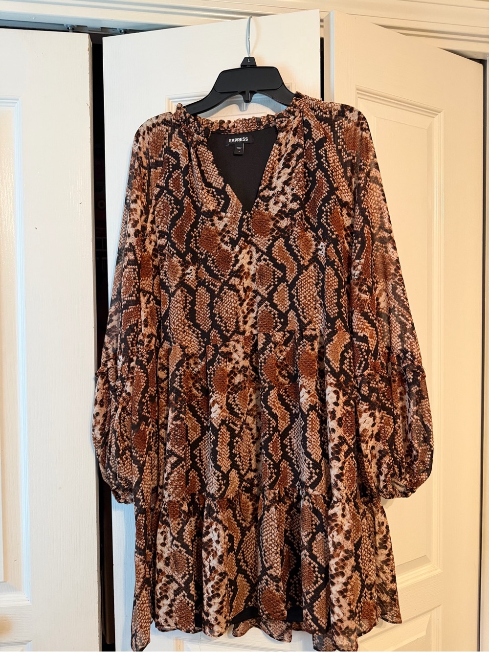 Express Brown Snake Print Long Sleeve Tiered Dress